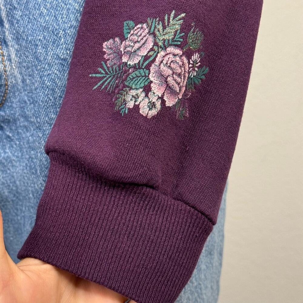 Vintage 90s Purple Flower Crewneck Sweatshirt Collar Cottagecore Granmacore - Picture 4 of 8